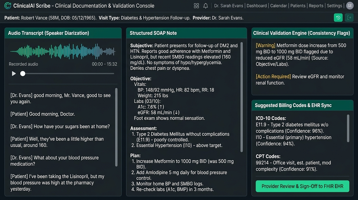 ClinicalAI Scribe Documentation Console showing audio transcript, structured SOAP note, clinical validation flags, and ICD/CPT coding suggestions