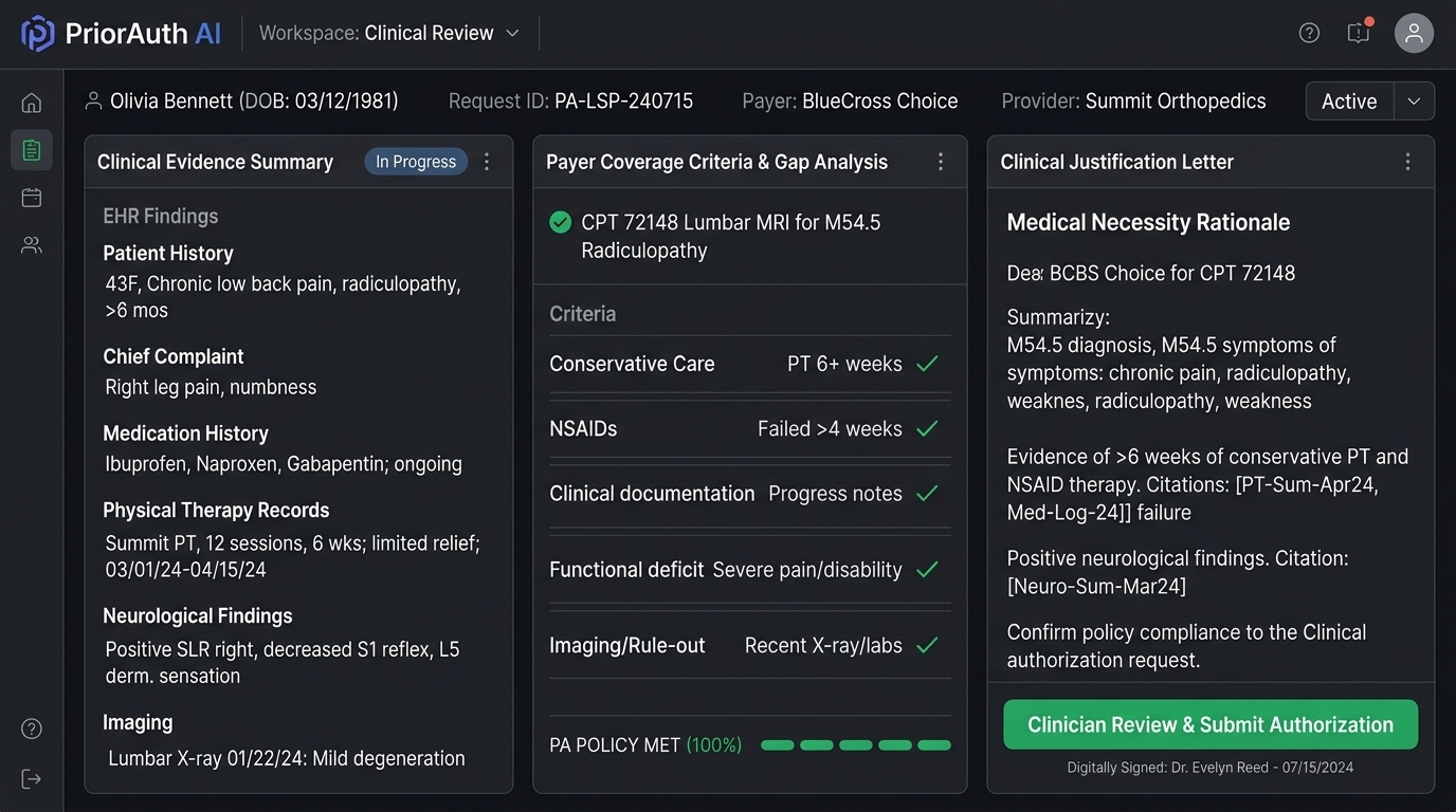 Clinical Review and Authorization Workspace Interface showing clinical evidence, payer requirement gap analysis, and justification letter