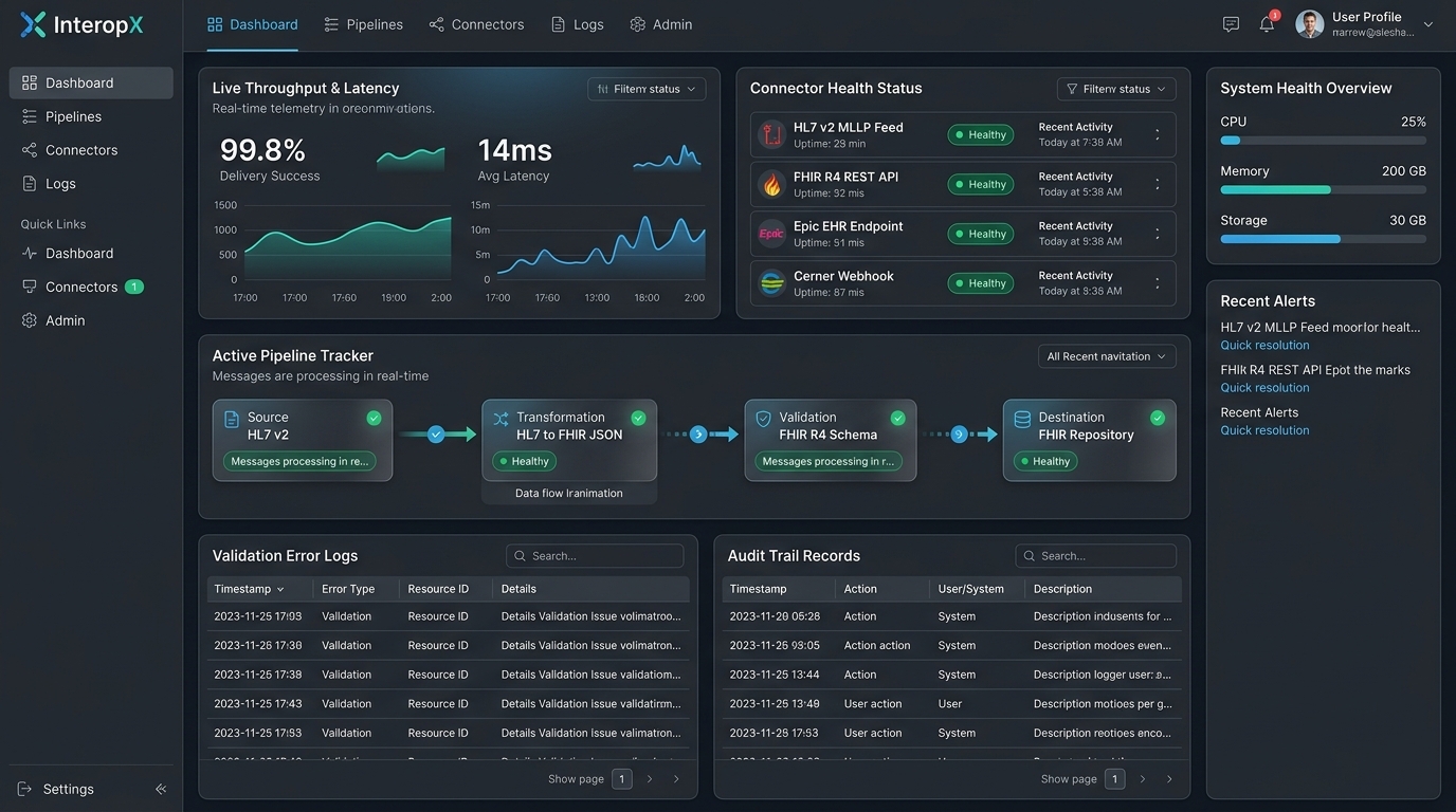 InteropX Healthcare Interoperability & Transformation Engine Monitoring Dashboard